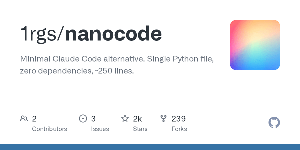 Minimal Claude Code alternative. Single Python file, zero dependencies, ~250 lin...