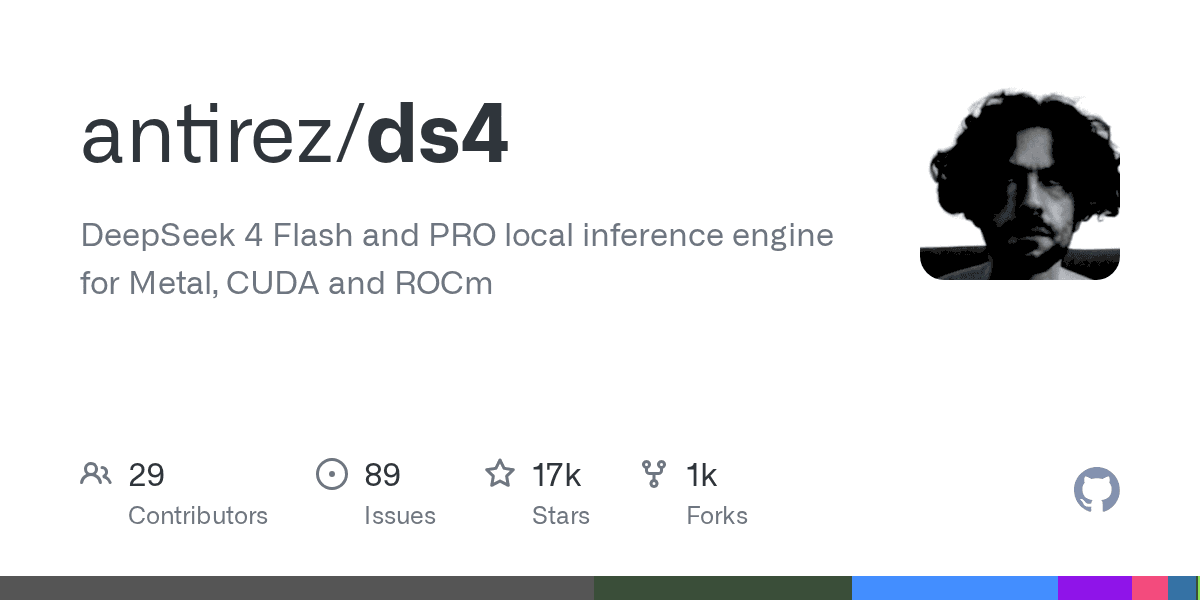 DeepSeek 4 Flash local inference engine for Metal and CUDA.