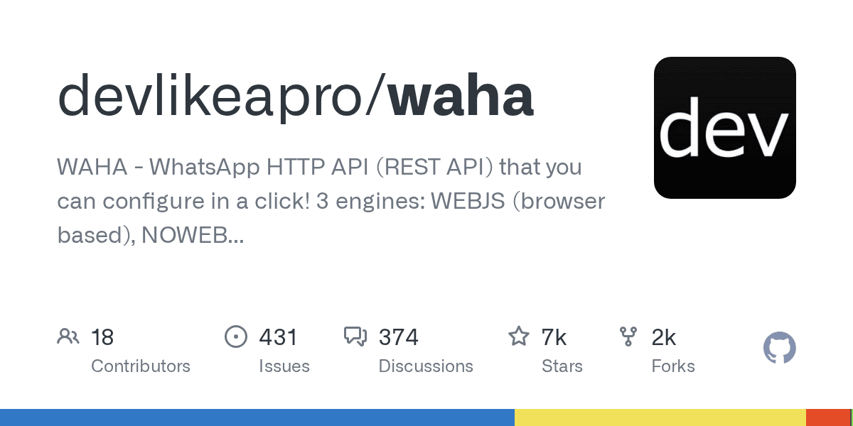 WAHA is an open-source REST API for WhatsApp that you can easily run on your own...