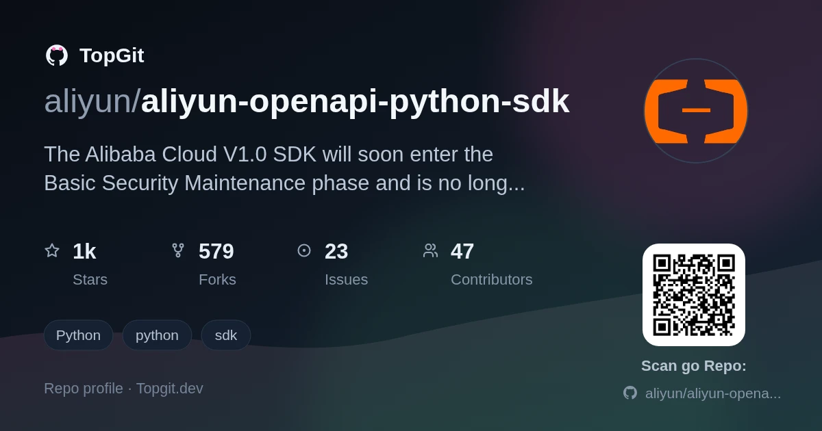 TopGit repo profile image for aliyun/aliyun-openapi-python-sdk