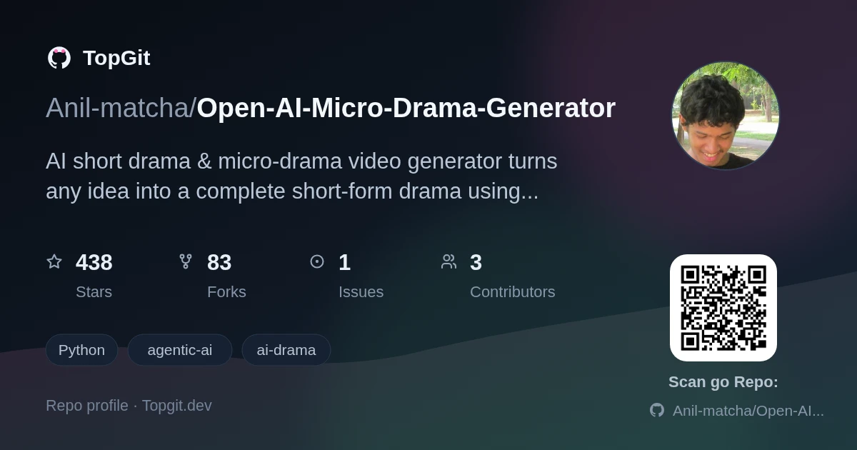 TopGit repo profile image for Anil-matcha/Open-AI-Micro-Drama-Generator