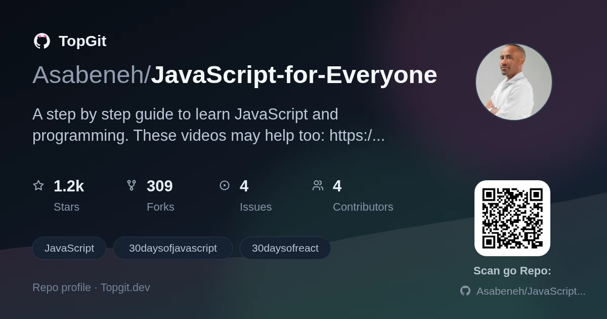 TopGit repo profile image for Asabeneh/JavaScript-for-Everyone