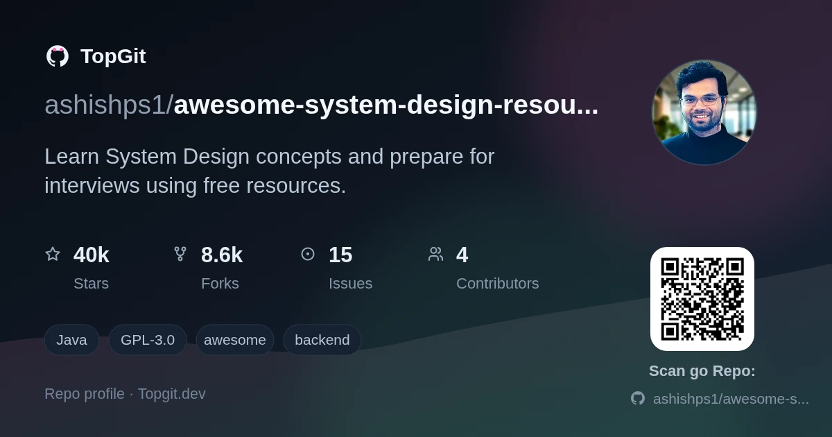 TopGit repo profile image for ashishps1/awesome-system-design-resources