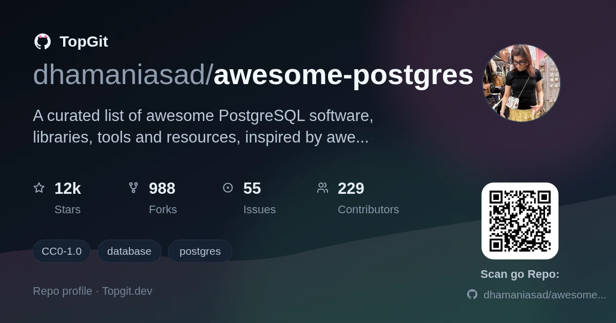 TopGit repo profile image for dhamaniasad/awesome-postgres
