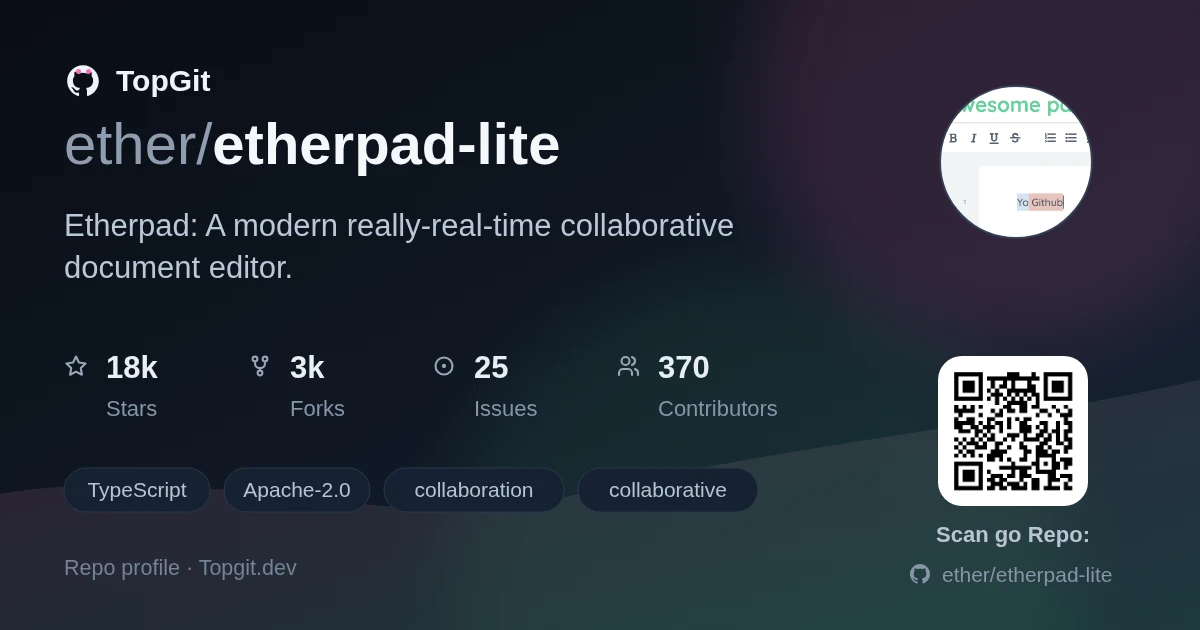 TopGit repo profile image for ether/etherpad-lite