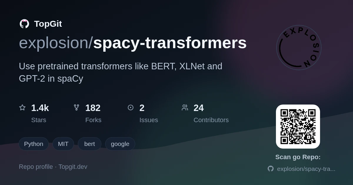 TopGit repo profile image for explosion/spacy-transformers