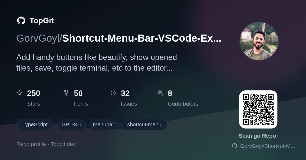 TopGit repo profile image for GorvGoyl/Shortcut-Menu-Bar-VSCode-Extension