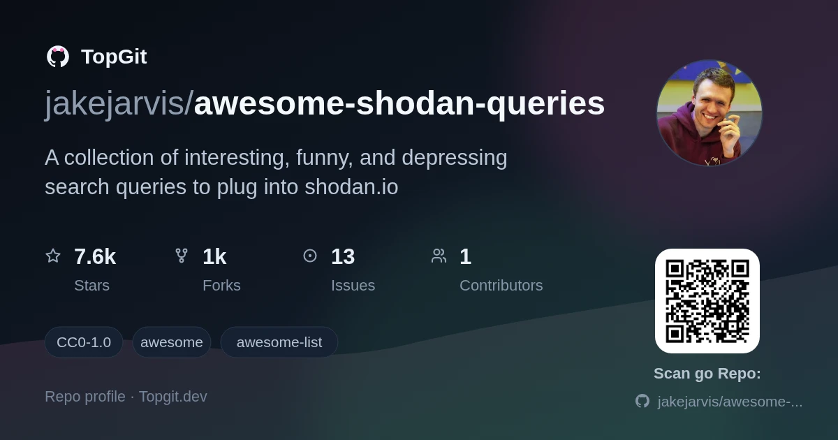 TopGit repo profile image for jakejarvis/awesome-shodan-queries