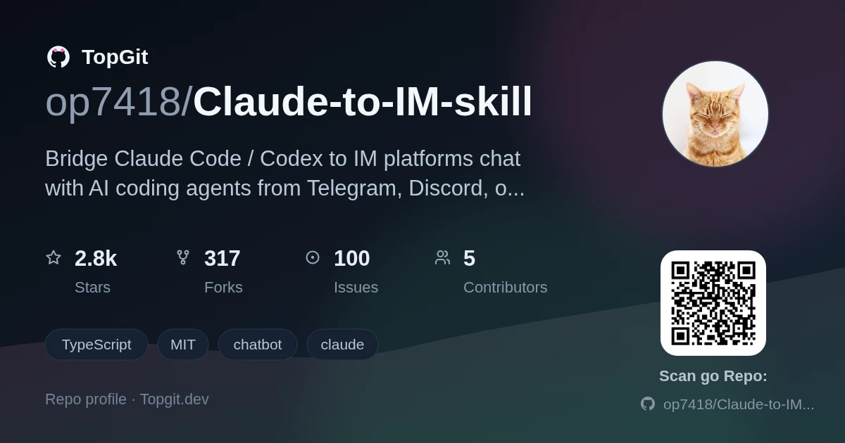 TopGit repo profile image for op7418/Claude-to-IM-skill