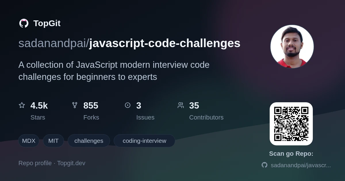 TopGit repo profile image for sadanandpai/javascript-code-challenges
