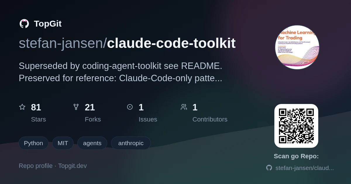 TopGit repo profile image for stefan-jansen/claude-code-toolkit