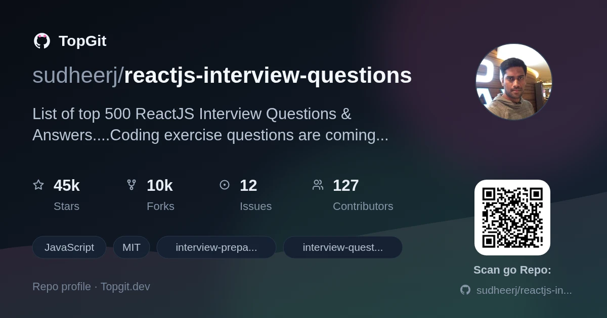 TopGit repo profile image for sudheerj/reactjs-interview-questions