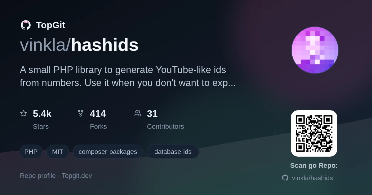 TopGit repo profile image for vinkla/hashids