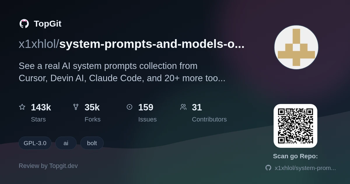 TopGit review image for x1xhlol/system-prompts-and-models-of-ai-tools