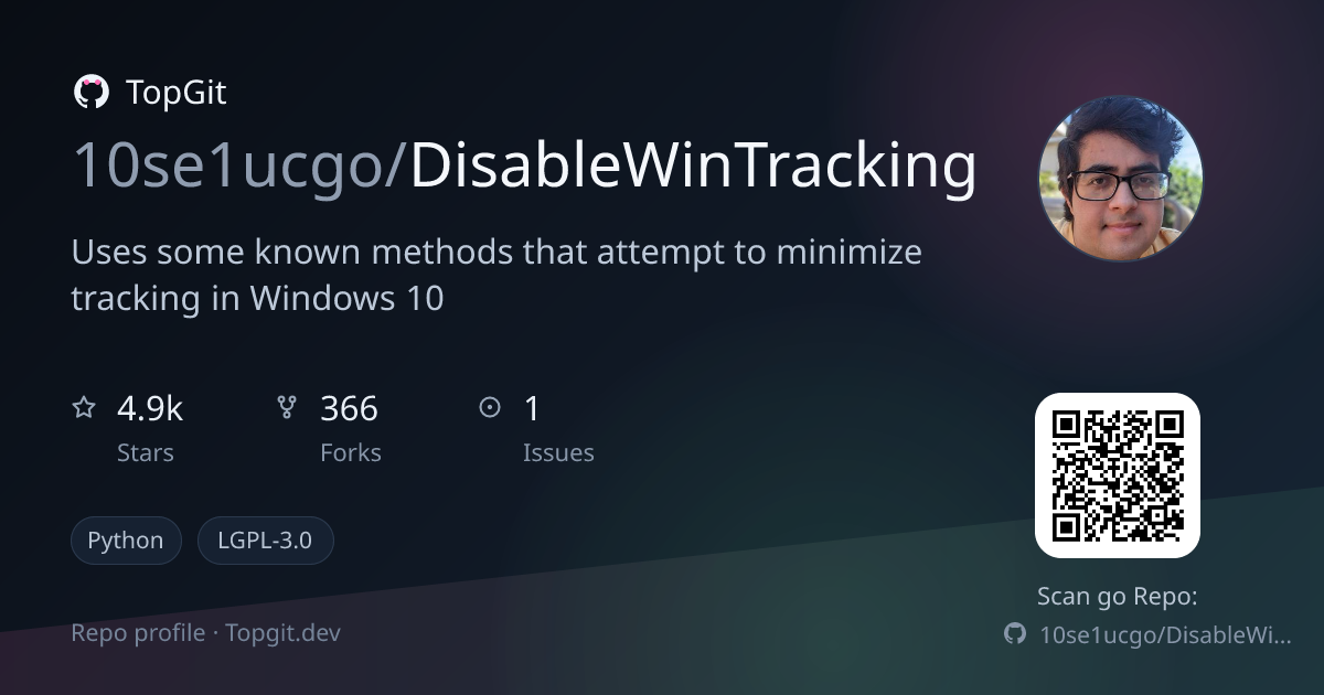 TopGit repo profile image for 10se1ucgo/DisableWinTracking