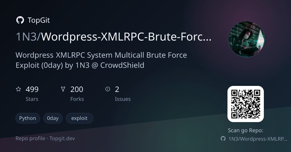 TopGit repo profile image for 1N3/Wordpress-XMLRPC-Brute-Force-Exploit