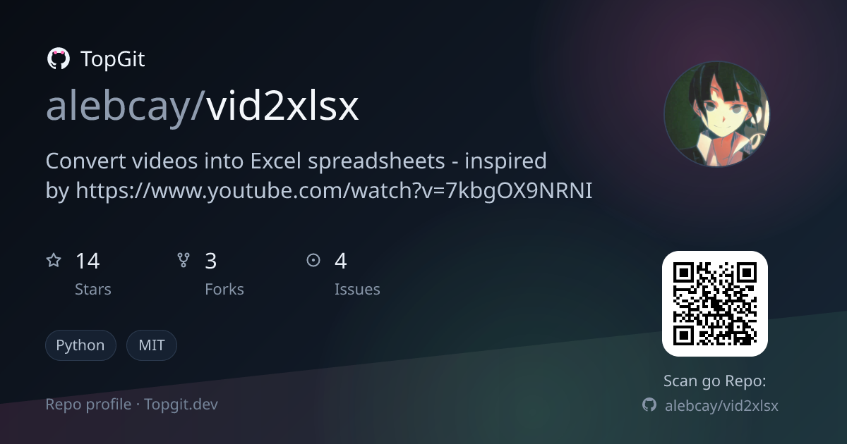 TopGit repo profile image for alebcay/vid2xlsx
