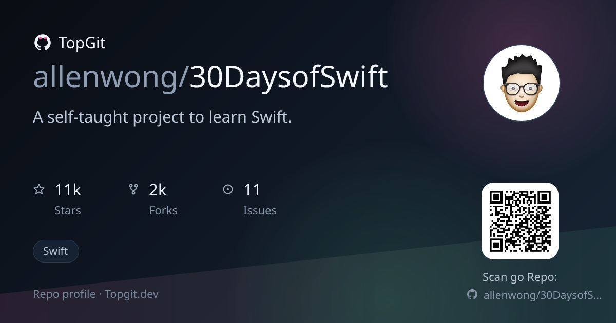 TopGit repo profile image for allenwong/30DaysofSwift