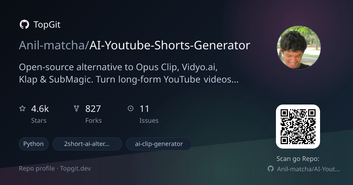 TopGit repo profile image for Anil-matcha/AI-Youtube-Shorts-Generator