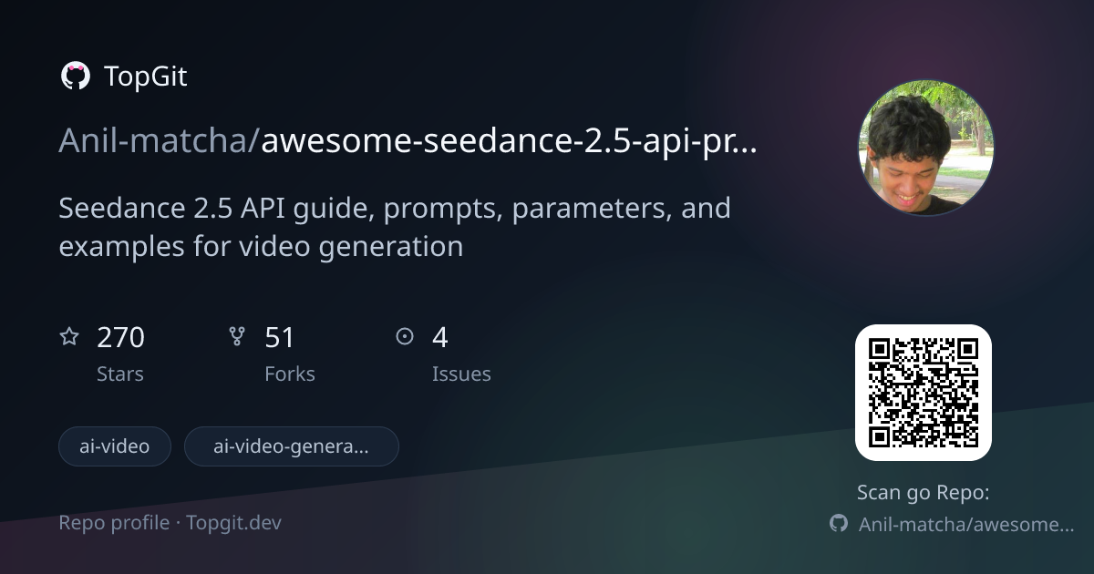 TopGit repo profile image for Anil-matcha/awesome-seedance-2.5-api-prompts