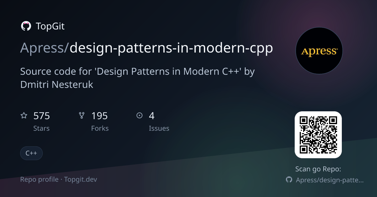 TopGit repo profile image for Apress/design-patterns-in-modern-cpp