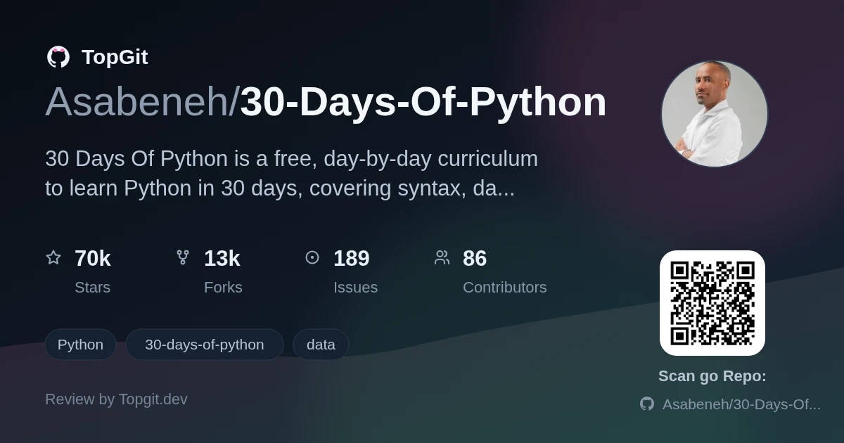 TopGit repo profile image for Asabeneh/30-Days-Of-Python