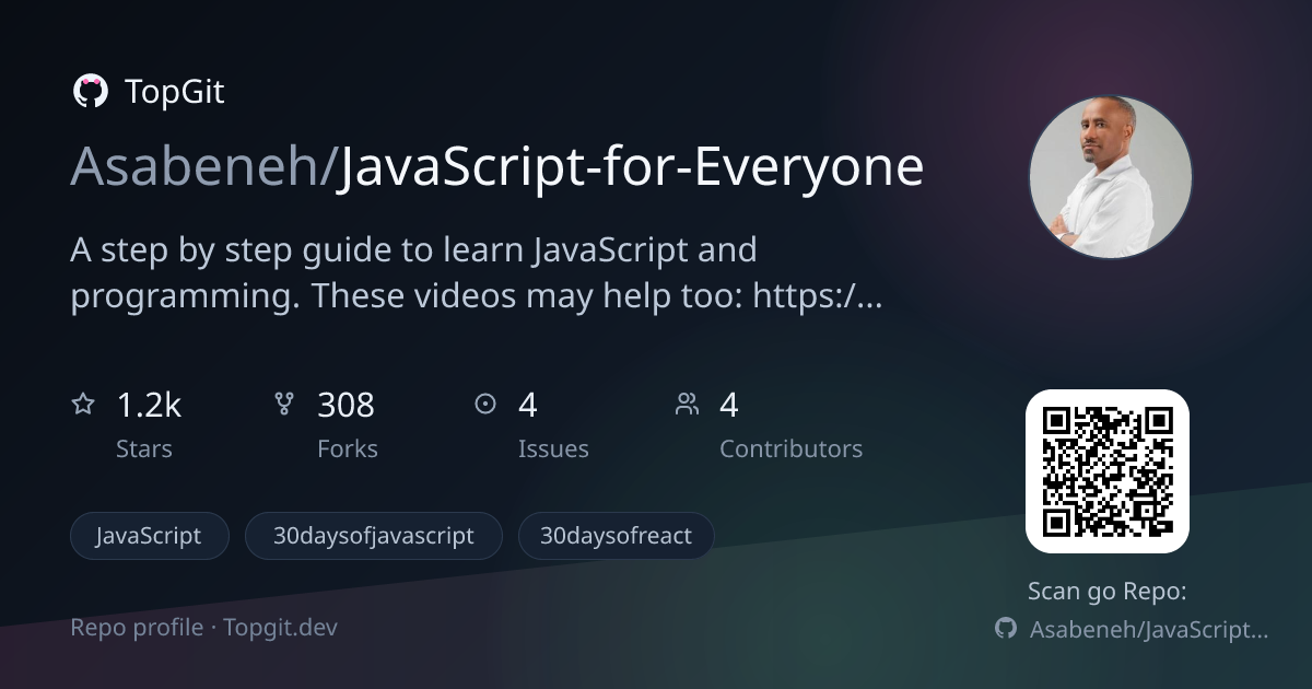 TopGit repo profile image for Asabeneh/JavaScript-for-Everyone