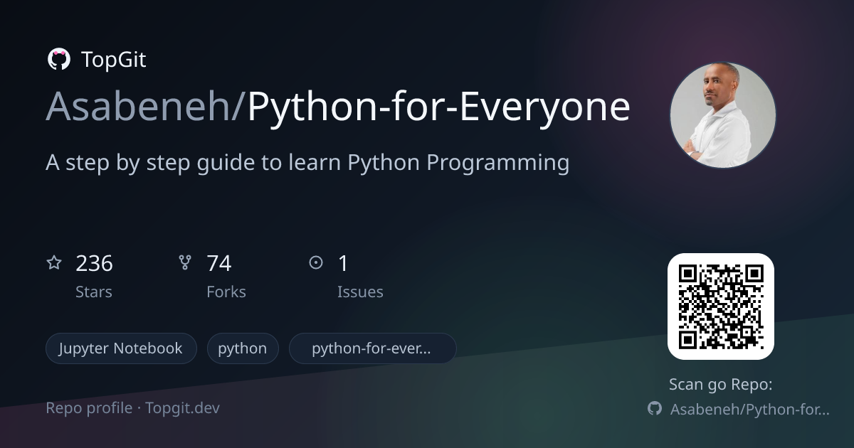 TopGit repo profile image for Asabeneh/Python-for-Everyone