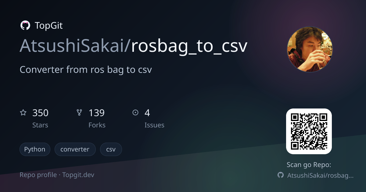 TopGit repo profile image for AtsushiSakai/rosbag_to_csv