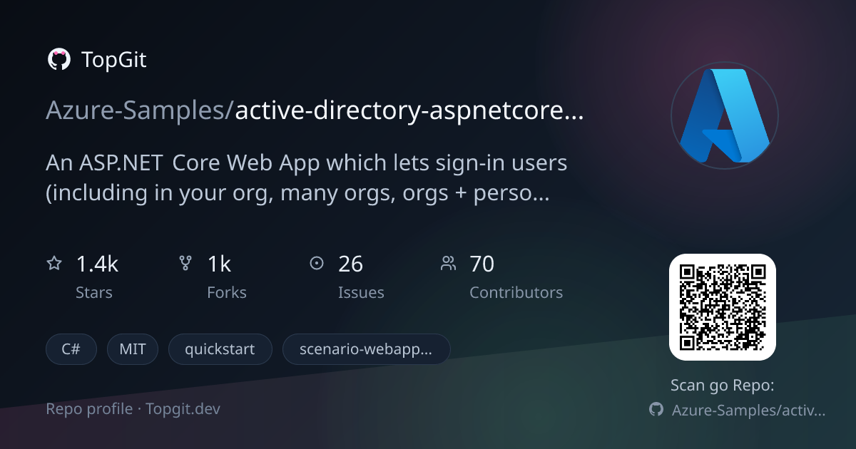 TopGit repo profile image for Azure-Samples/active-directory-aspnetcore-webapp-openidconnect-v2
