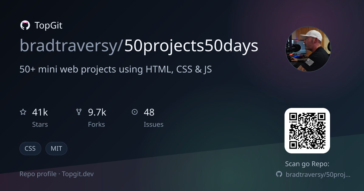 TopGit repo profile image for bradtraversy/50projects50days