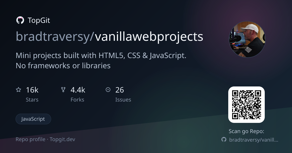 TopGit repo profile image for bradtraversy/vanillawebprojects