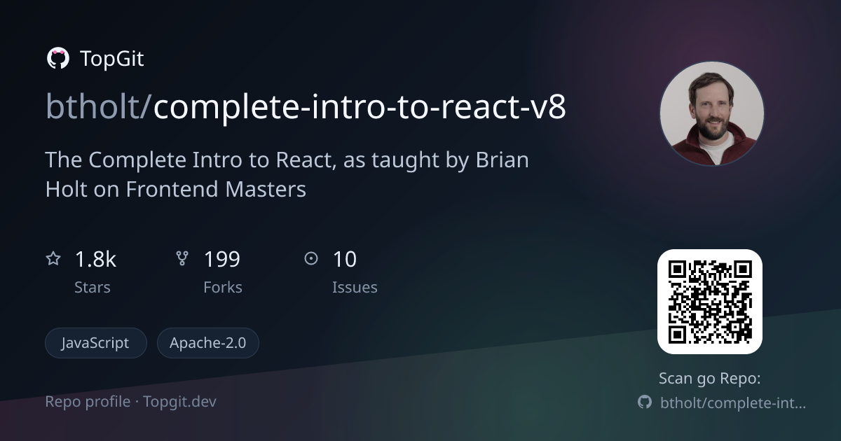 TopGit repo profile image for btholt/complete-intro-to-react-v8
