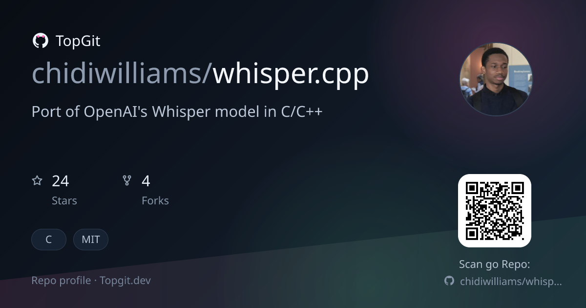 TopGit repo profile image for chidiwilliams/whisper.cpp