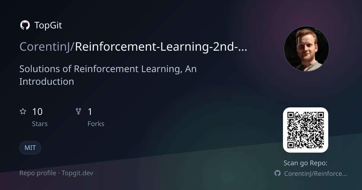 TopGit repo profile image for CorentinJ/Reinforcement-Learning-2nd-Edition-by-Sutton-Exercise-Solutions