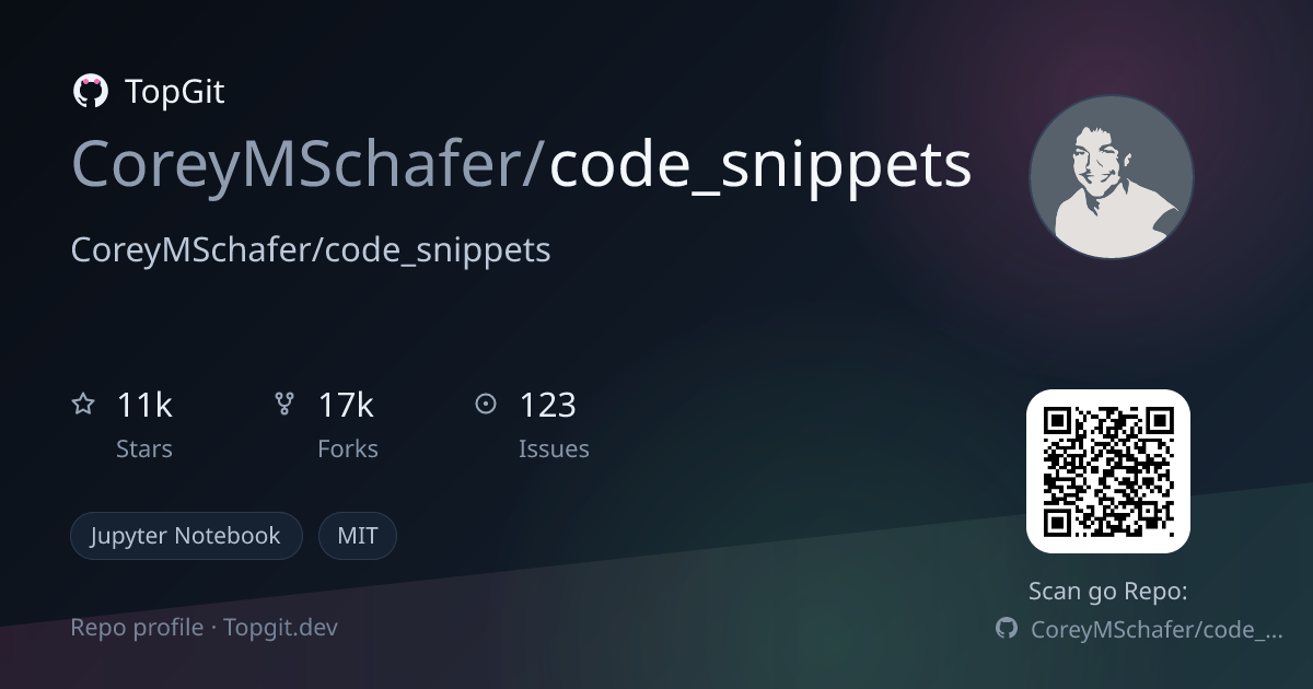 TopGit repo profile image for CoreyMSchafer/code_snippets