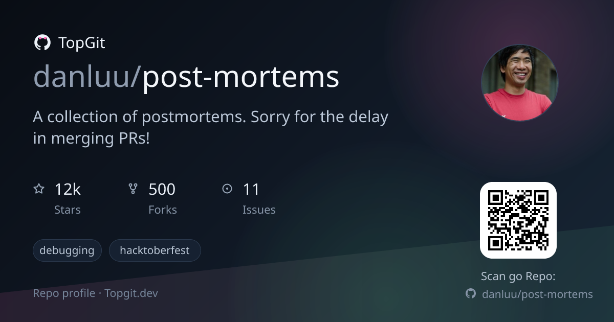 TopGit repo profile image for danluu/post-mortems