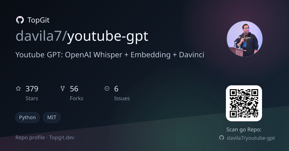 TopGit repo profile image for davila7/youtube-gpt