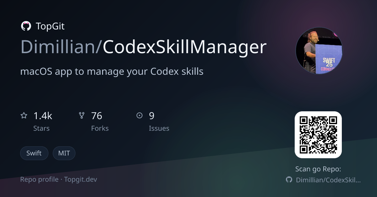 TopGit repo profile image for Dimillian/CodexSkillManager