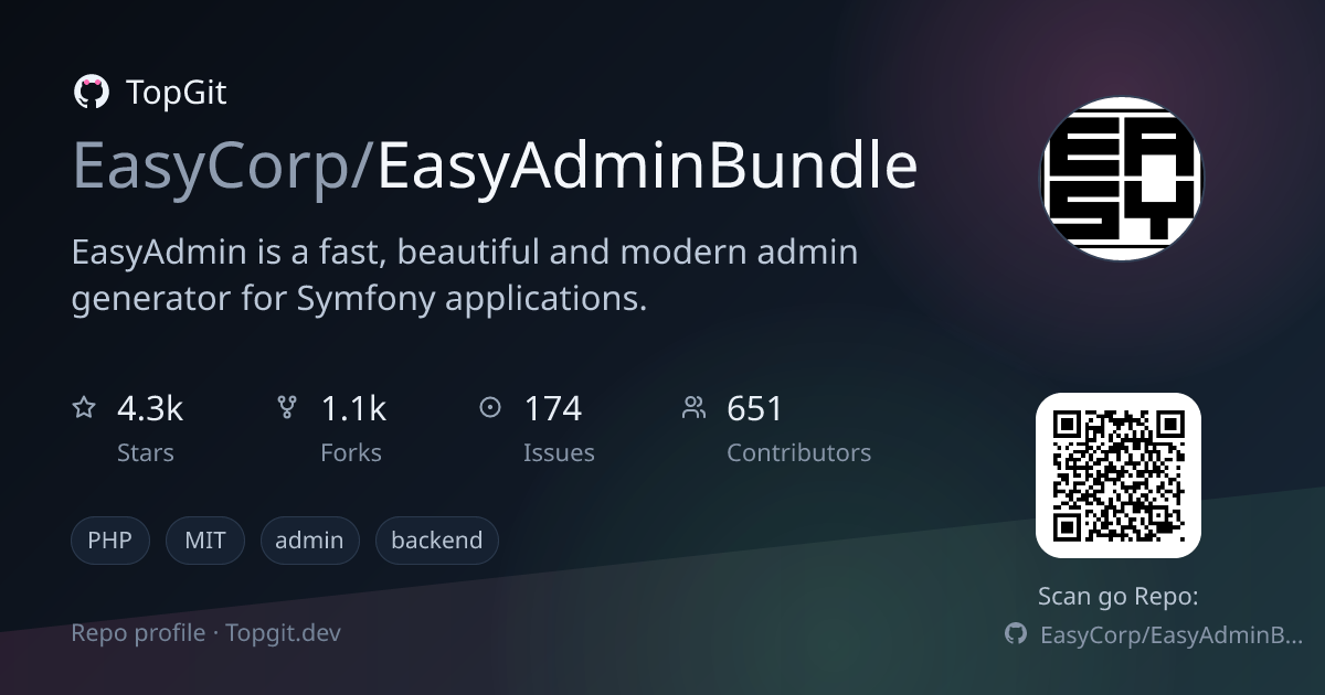 TopGit repo profile image for EasyCorp/EasyAdminBundle