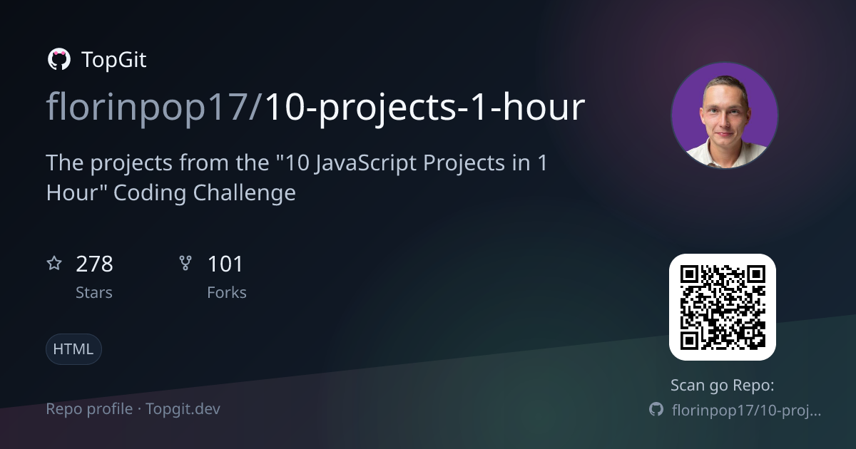 TopGit repo profile image for florinpop17/10-projects-1-hour