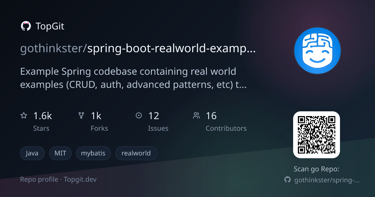 TopGit repo profile image for gothinkster/spring-boot-realworld-example-app
