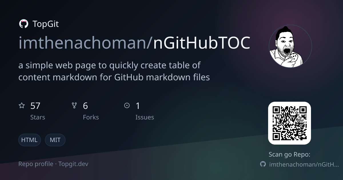 TopGit repo profile image for imthenachoman/nGitHubTOC