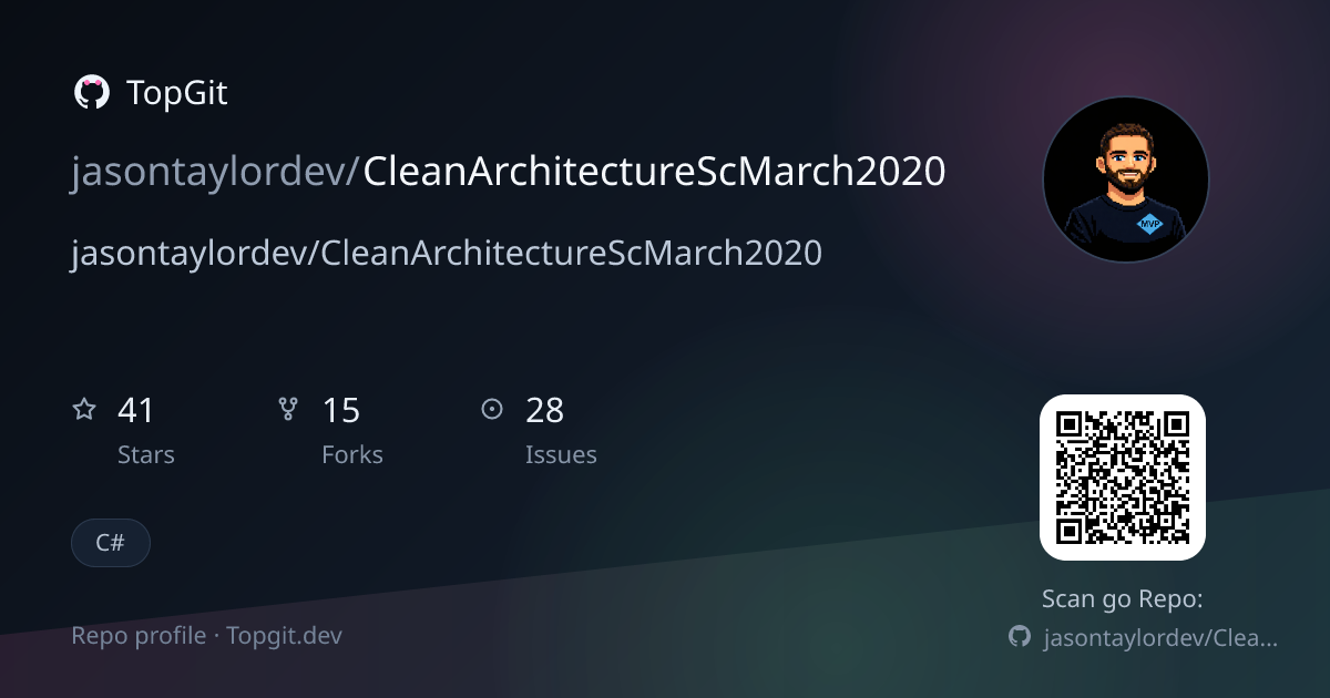 TopGit repo profile image for jasontaylordev/CleanArchitectureScMarch2020