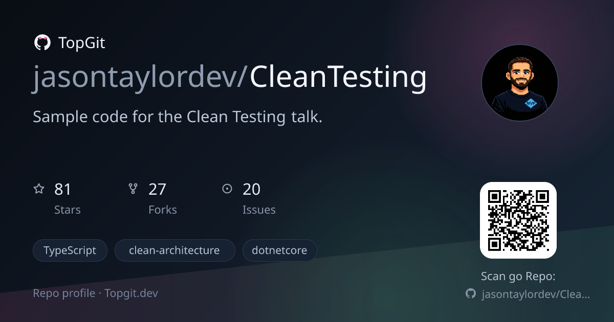 TopGit repo profile image for jasontaylordev/CleanTesting