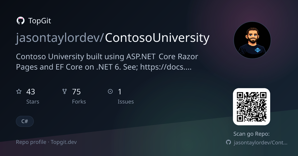 TopGit repo profile image for jasontaylordev/ContosoUniversity