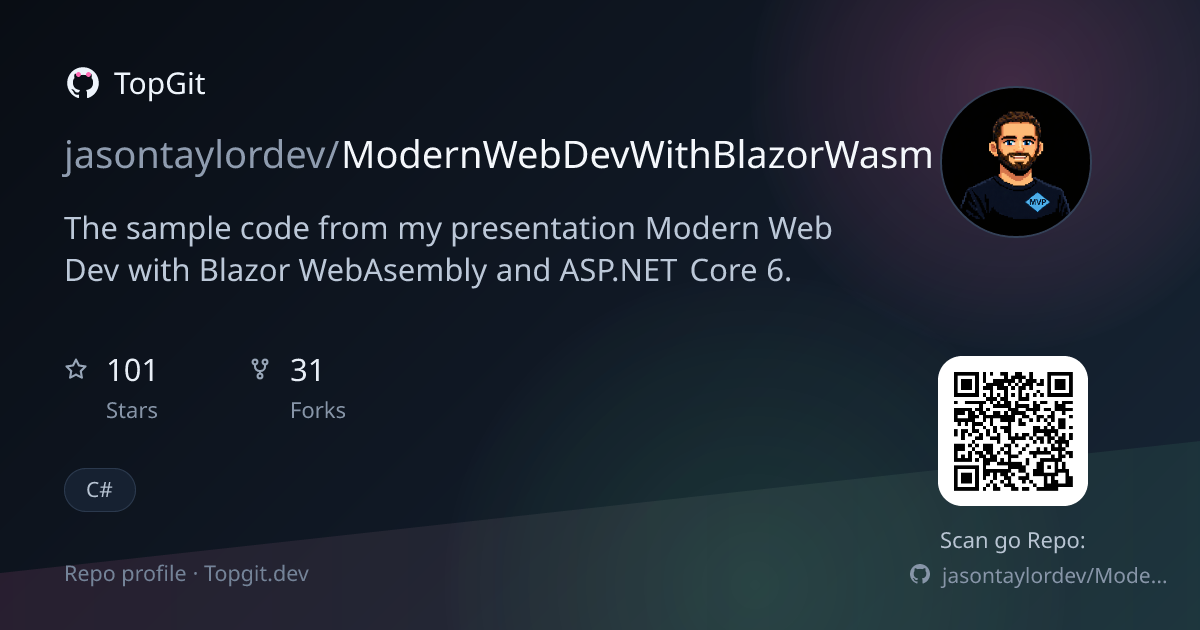 TopGit repo profile image for jasontaylordev/ModernWebDevWithBlazorWasm