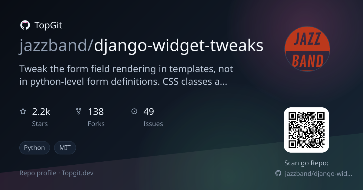 TopGit repo profile image for jazzband/django-widget-tweaks