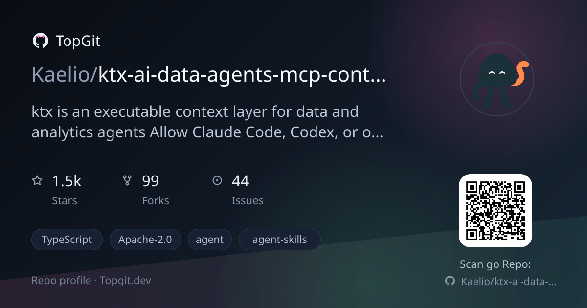 TopGit repo profile image for Kaelio/ktx-ai-data-agents-mcp-context-skills