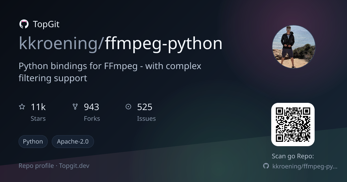 TopGit repo profile image for kkroening/ffmpeg-python